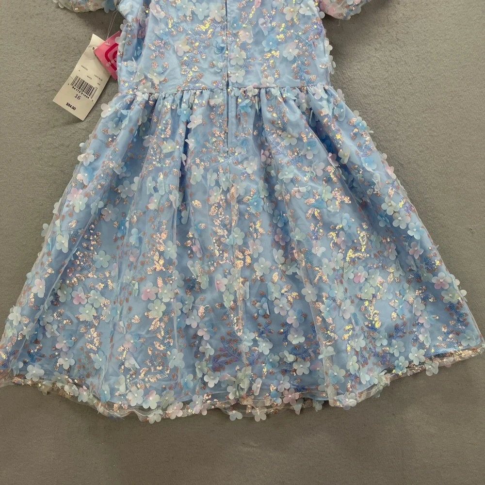 Rare Editions Dress Girls 16 Light Blue Floral Applique Sequin Party Formal NWT